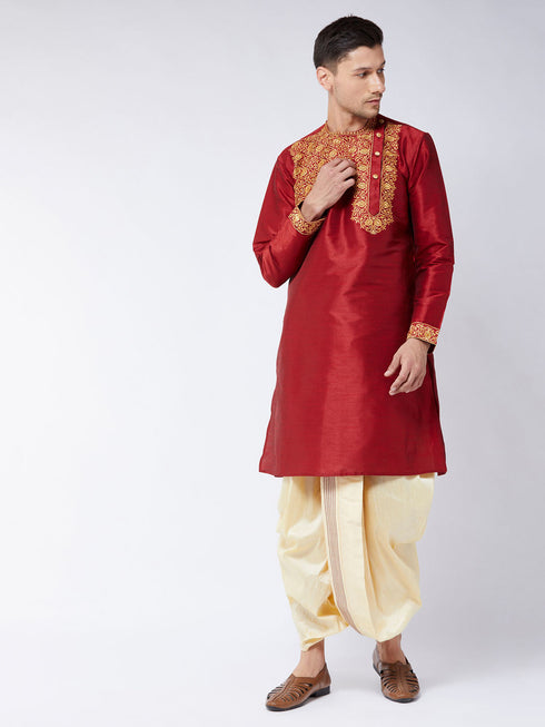 Vastramay Men's Maroon And Gold Silk Blend Kurta and Dhoti Set